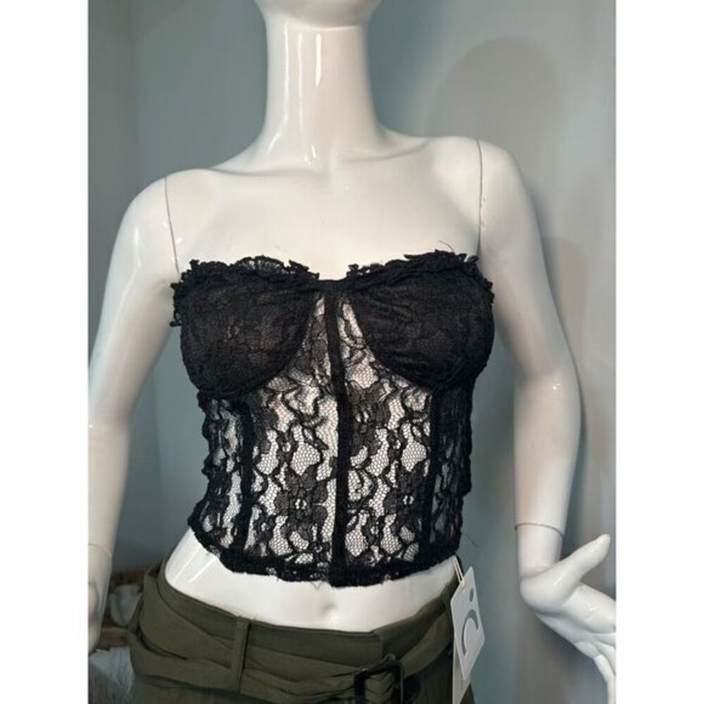 Commense Romantic Floral Pattern Black Lace Bustier Top‎ Size Small